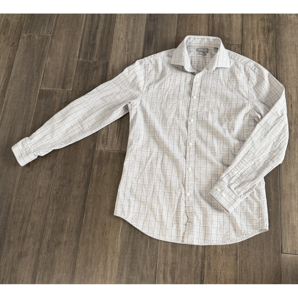 Michael Kors Slim Fit Men's Button-Down Shirt Gray Windowpane 100% Cotton Size M
